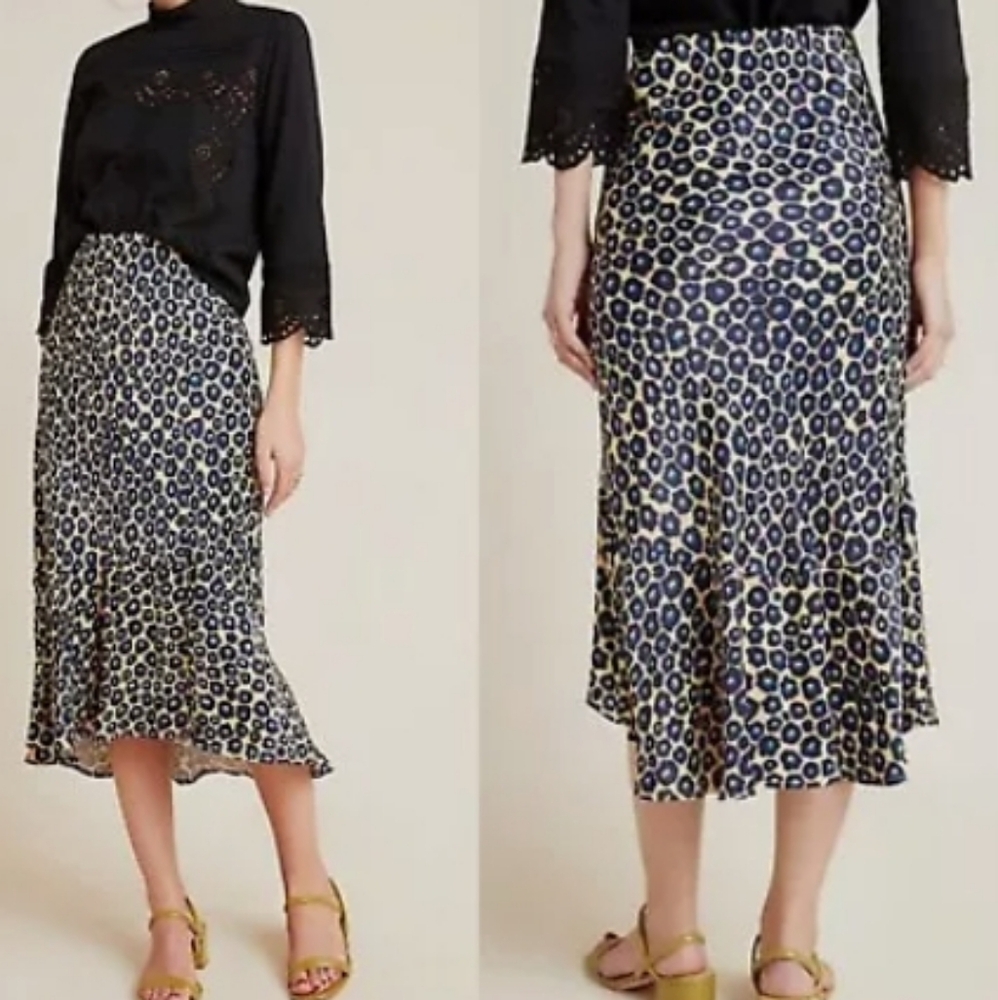 Anthropologie Maeve Small Janelle Bias animal print flounced hi low midi skirt